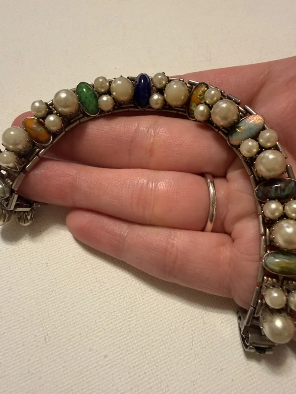 Elegant Antique Rare Multi-Color Faux Pearl and Cabochon Stretch Bracelet